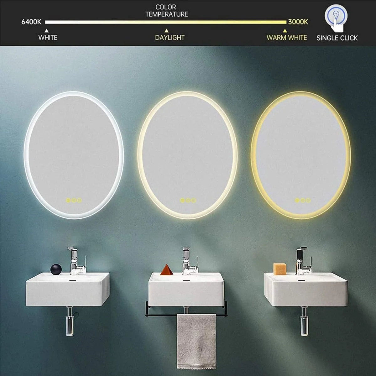 LuminaMirror Oval Frameless LED Anti-Fog Dimmable Bathroom Vanity Mirror, photo 12 of 14