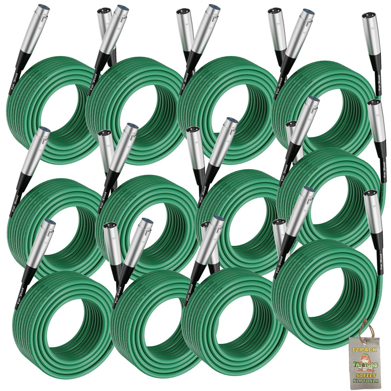 50ft XLR Microphone Cables (12-Pack) by FAT TOAD  - Professional Pro Audio Green Mic Extension Patch with Lo-Z Connector - 24 AWG Shielded Wire & Balanced for DJ Music Recording Studio Mixer Gear