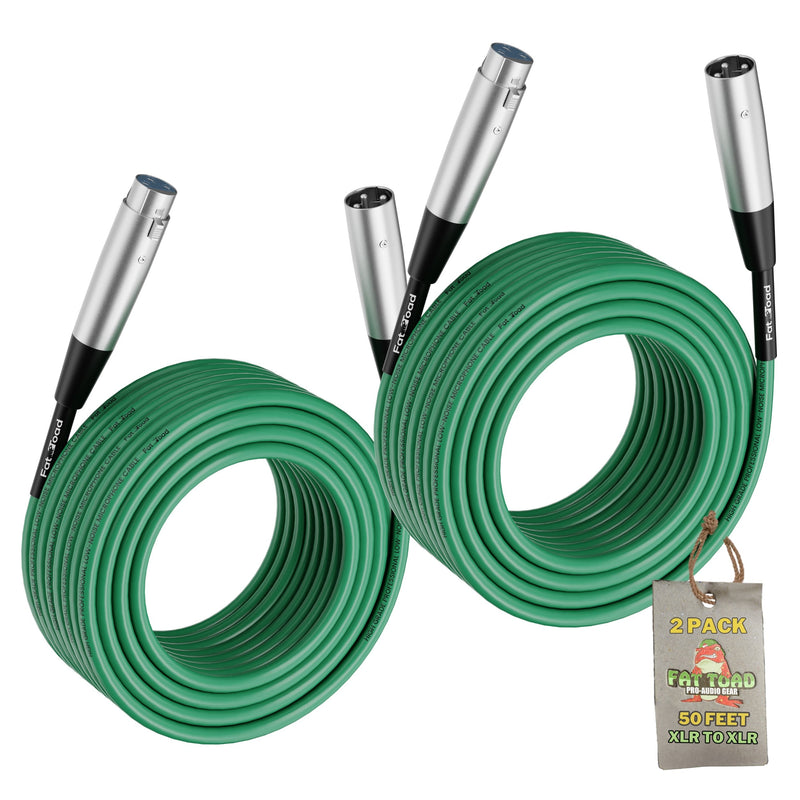 XLR Microphone Cables (2 Pack) by FAT TOAD | 50ft Pro Audio Green Mic Cord Patch Extension & Male to Female Lo-Z Connector | 24 AWG Shielded Wire & Balanced for Speakers, Recording Studio Mixer Gear