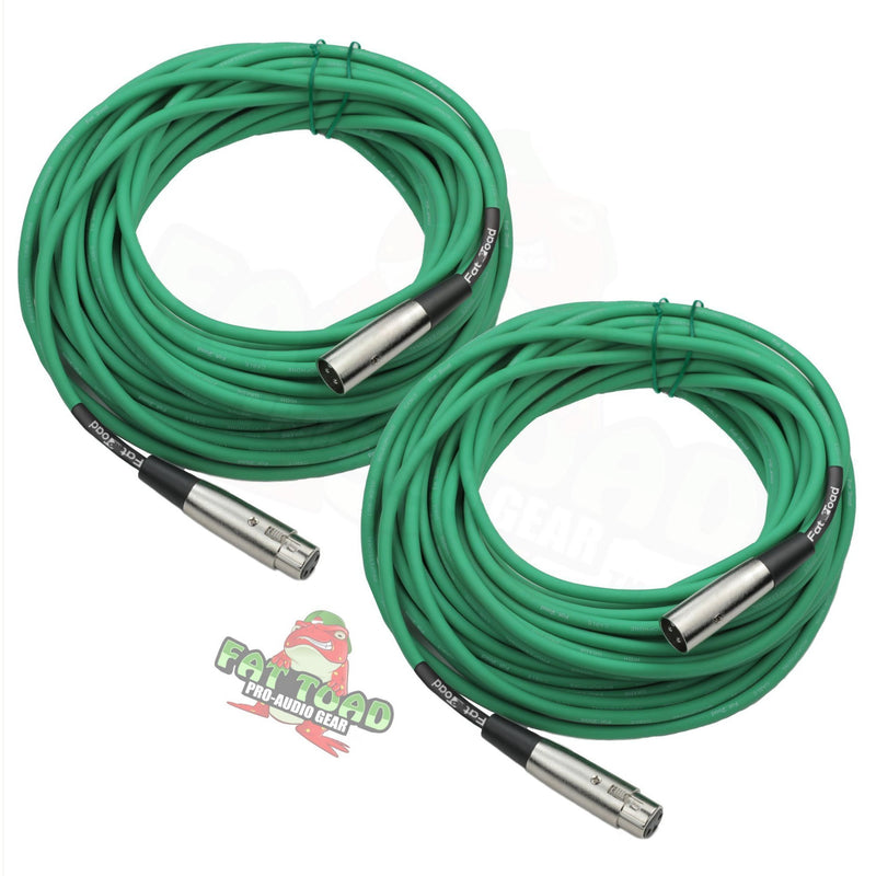 XLR Microphone Cables (2 Pack) by FAT TOAD | 50ft Pro Audio Green Mic Cord Patch Extension & Male to Female Lo-Z Connector | 24 AWG Shielded Wire & Balanced for Speakers, Recording Studio Mixer Gear