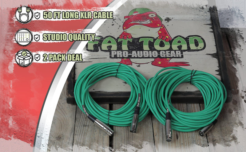 XLR Microphone Cables (2 Pack) by FAT TOAD | 50ft Pro Audio Green Mic Cord Patch Extension & Male to Female Lo-Z Connector | 24 AWG Shielded Wire & Balanced for Speakers, Recording Studio Mixer Gear