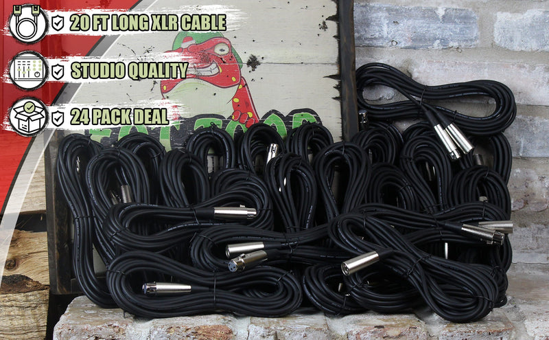24 PACK - FAT TOAD XLR Mic Wires | 20ft Professional Pro Audio Green Microphone Cord Extension Patch with Lo-Z Connector | 24 AWG Shielded Cables & Balanced for DMX Music Recording Studio Mixer Gear