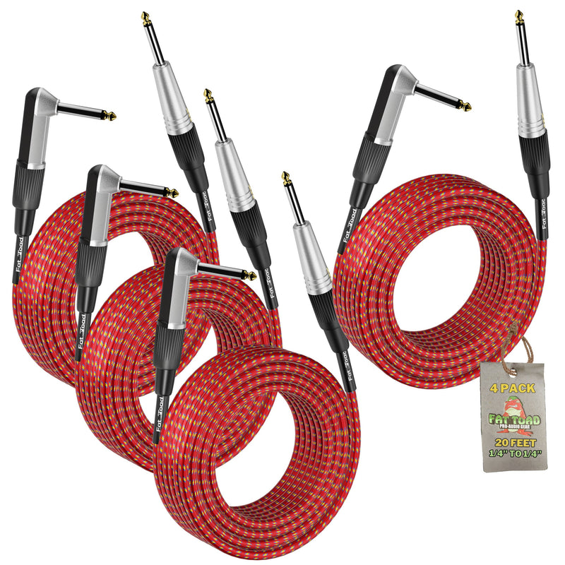 Guitar Cords (4 Pack) Right Angle to Straight-End Instrument Cable Tweed Cloth Jacket by FAT TOAD - Braided Woven 20FT 1/4 Inch Jack TS Electric AMP