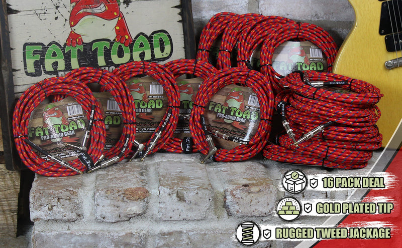16 PACK - FAT TOAD Guitar Cords Right Angle to Straight-End Instrument Cable Tweed Cloth Jacket | Braided Woven 20FT 1/4 Inch Jack TS for Electric Guitar, Bass, AMP | Shielded 24 AWG Patch Conductor