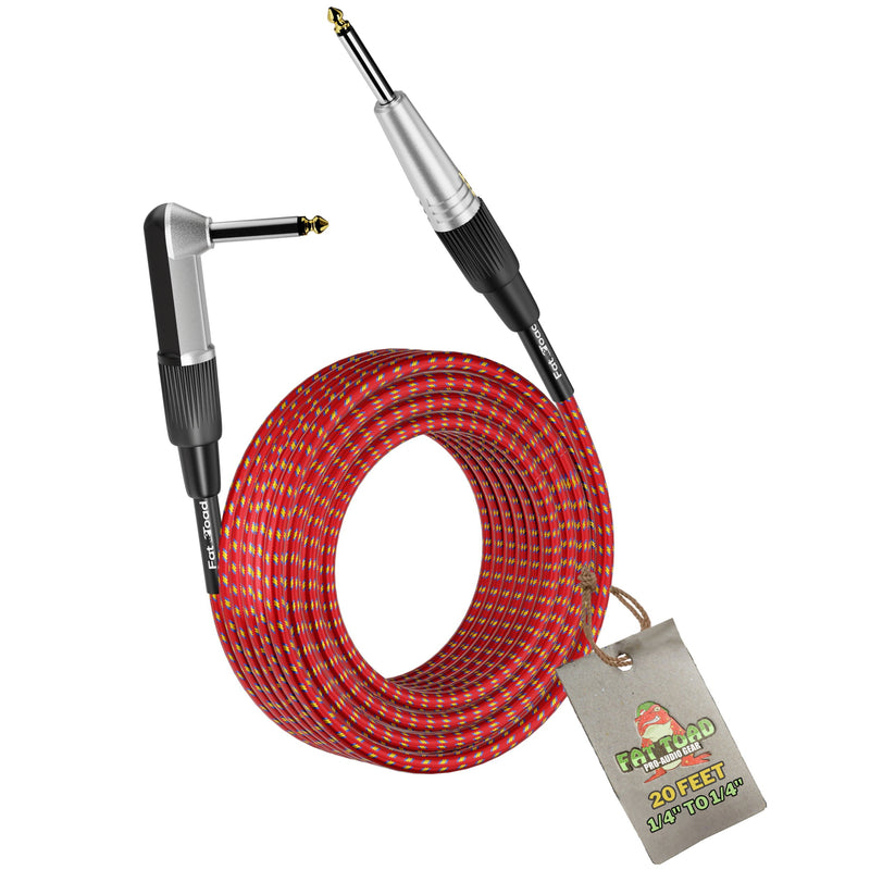 Guitar Cable Right Angled to 1/4 Straight-End Instrument Cord Tweed Cloth Jacket by FAT TOAD | Braided Woven 20FT Quarter Inch Gold Jack TS for Electric Guitar, Bass, Keyboards | Shielded 24 AWG Patch