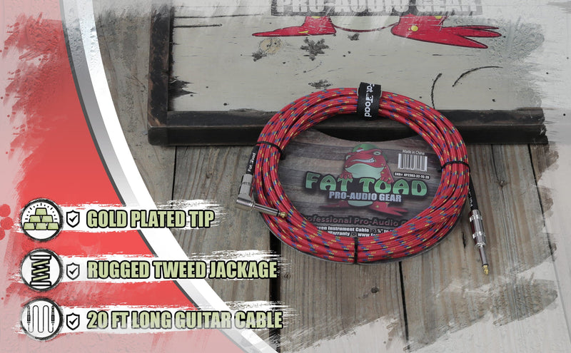 Guitar Cable Right Angled to 1/4 Straight-End Instrument Cord Tweed Cloth Jacket by FAT TOAD | Braided Woven 20FT Quarter Inch Gold Jack TS for Electric Guitar, Bass, Keyboards | Shielded 24 AWG Patch