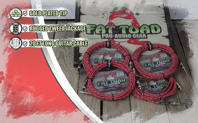 Guitar Cords (4 Pack) Right Angle to Straight-End Instrument Cable Tweed Cloth Jacket by FAT TOAD - Braided Woven 20FT 1/4 Inch Jack TS Electric AMP