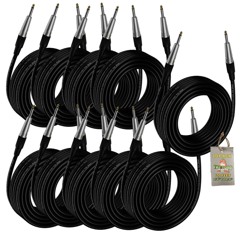 Guitar Cables (10 Pack) Instrument Cord by FAT TOAD | 24 AWG Patch Conductor for Electric Guitar, Bass, Amplifier, Speaker, Keyboard & Recording Studio | Shielded 20FT 1/4 Inch Gold Straight-End Wires