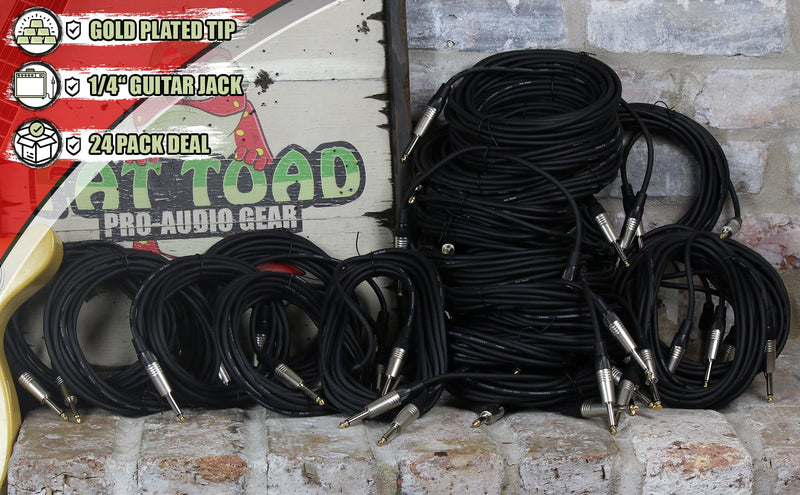 24 PACK - FAT TOAD 20FT Guitar Cords Instrument Cables | 24 AWG Patch Conductor for Electric Guitar, Bass, Amplifier, Speaker, Keyboard & Recording Studio | Shielded 1/4 Inch Gold Straight-End Wires