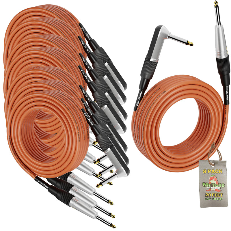 8 PACK - Guitar Cables Right Angled Instrument Cords by FAT TOAD | 20FT 1/4 Quarter Inch Straight-End 24 GA Wires for Electric Guitar Pedal, Bass, Keyboards, Speaker Amplifier & Audio Studio Recording