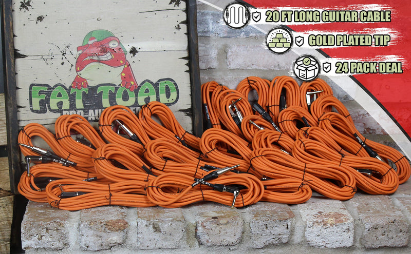 24 PACK - Right Angled Guitar Cables by FAT TOAD | Instrument Cords 20FT 1/4 Quarter Inch Straight-End 24GA Wires for Electric Guitar Pedal, Bass, Keyboards, Speaker Amplifier & Audio Studio Recording