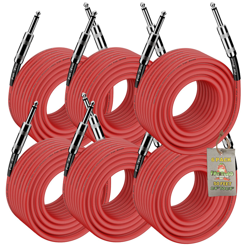 6 PACK -  Speaker Cables by FAT TOAD | 50FT DJ PA Professional Pro Audio Red Patch Cords | 1/4 to 1/4 Quarter Inch Male Jack 12 AWG Gauge Wire for Amp, Music Studio Recording & Performance Stage Gear