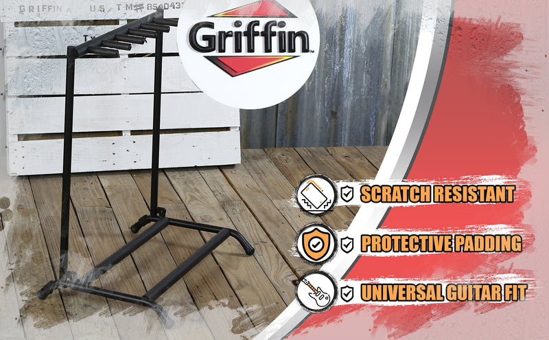 Five Guitar Rack Stand by GRIFFIN | Holder for 5 Guitars & Folds Up For Easy Transport | Neoprene Tubing Accessories | Ideal For Music Bands, Recording Studios, Schools, Stage Performers & Artists