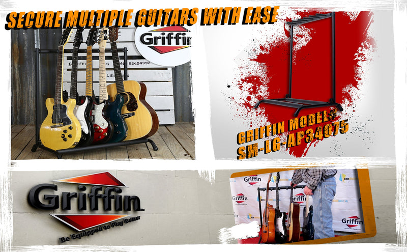 Five Guitar Rack Stand by GRIFFIN | Holder for 5 Guitars & Folds Up For Easy Transport | Neoprene Tubing Accessories | Ideal For Music Bands, Recording Studios, Schools, Stage Performers & Artists