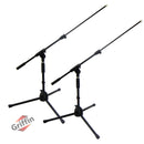Low-Profile Microphone Stand (2 PACK) by GRIFFIN - Short Tripod Mic Stand Mount with Boom Arm for Kick Bass Drum, Studio Desktop Recording, Singing & Guitar Amplifiers - Small Height Telescoping Holder