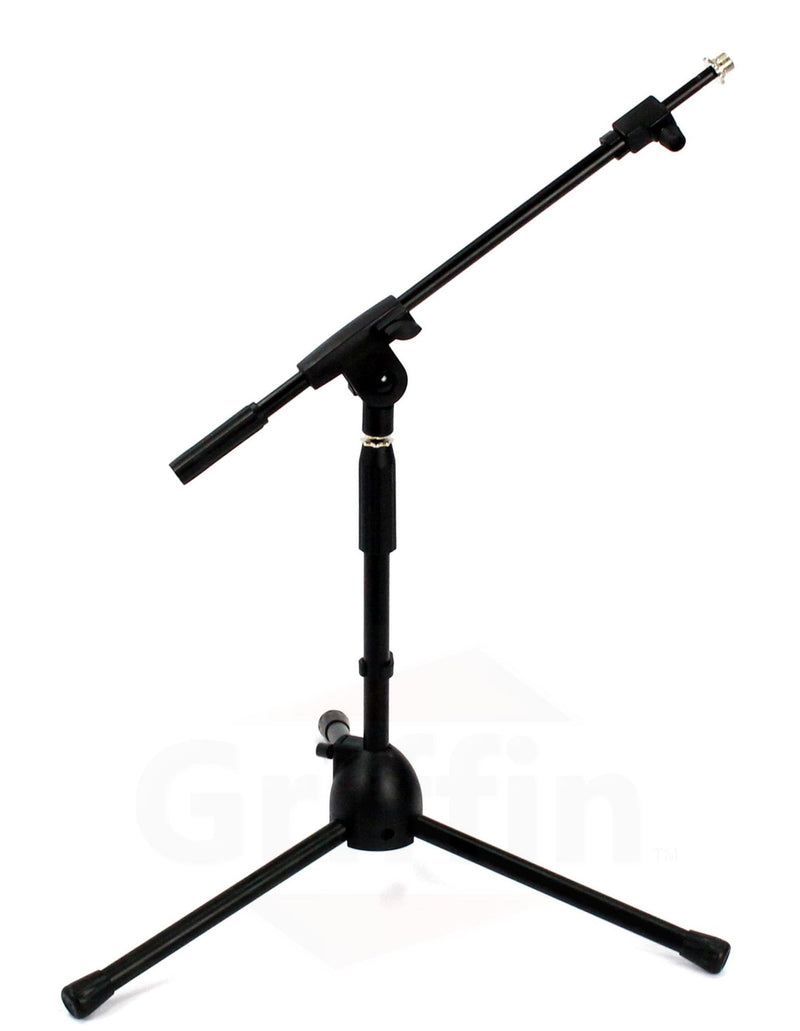 2 PACK- Low Profile Microphone Stand by GRIFFIN | Short Tripod Mic Stand Mount with Boom Arm for Kick Bass Drum, Studio Desktop Recording, Singing & Guitar Amplifiers | Small Height Telescoping Holder