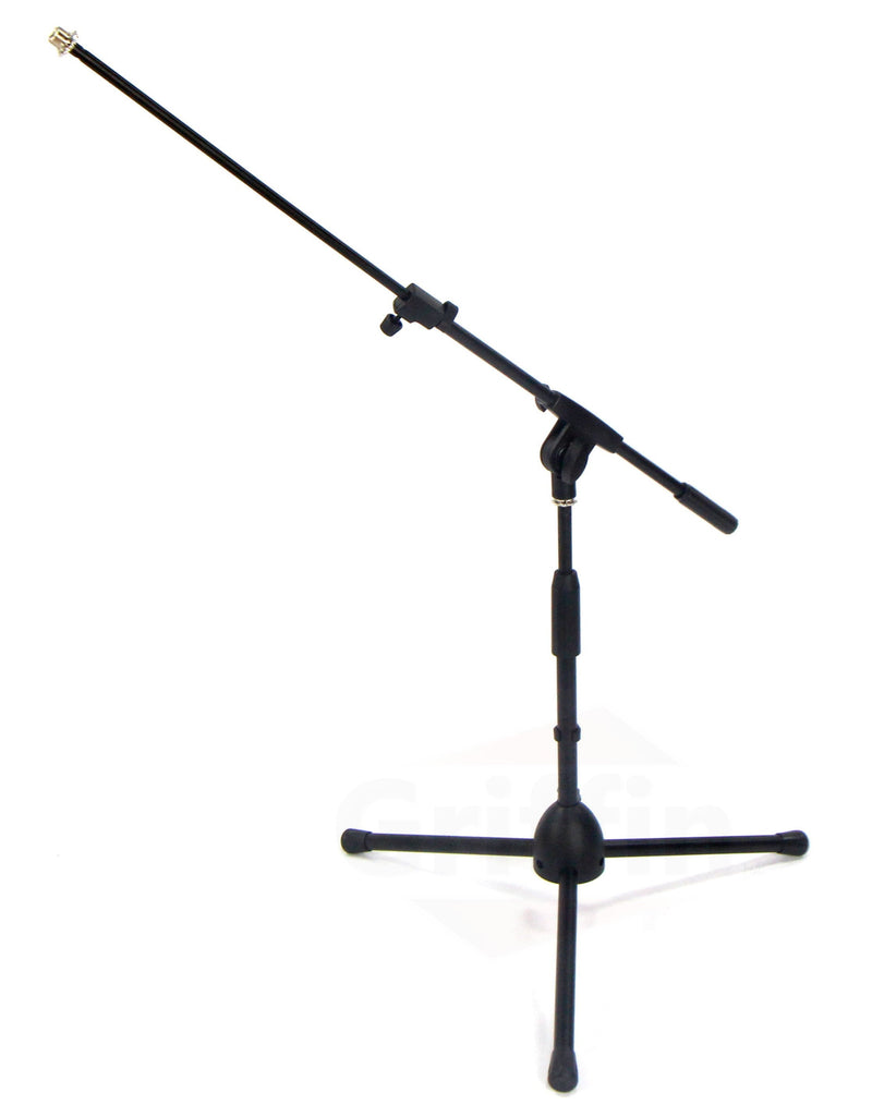 2 PACK- Low Profile Microphone Stand by GRIFFIN | Short Tripod Mic Stand Mount with Boom Arm for Kick Bass Drum, Studio Desktop Recording, Singing & Guitar Amplifiers | Small Height Telescoping Holder