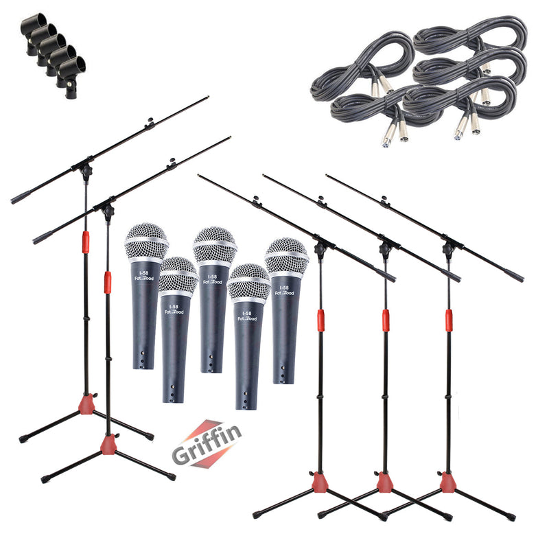 GRIFFIN Microphone Stand Package of 5 with Vocal Unidirectional Mics & XLR Cables - Handheld Cardioid Dynamic Microphones for Home Studio Recording