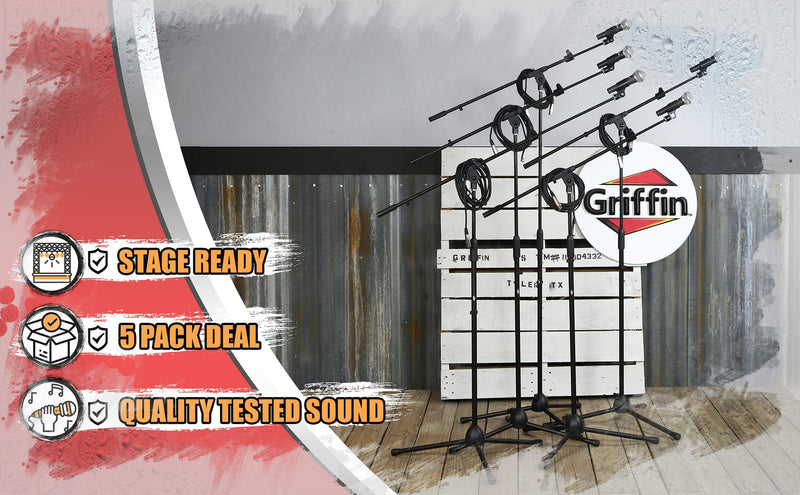 GRIFFIN Microphone Stand Package of 5 with Vocal Unidirectional Mics & XLR Cables - Handheld Cardioid Dynamic Microphones for Home Studio Recording