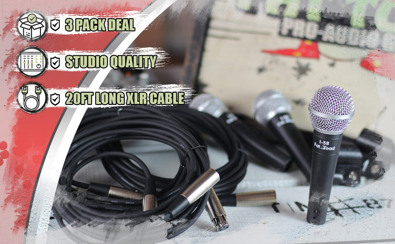 Dynamic Vocal Microphones with XLR Mic Cables & Clips (3 Pack) by FAT TOAD - Cardioid Handheld, Unidirectional for Home Music Live Studio Recording