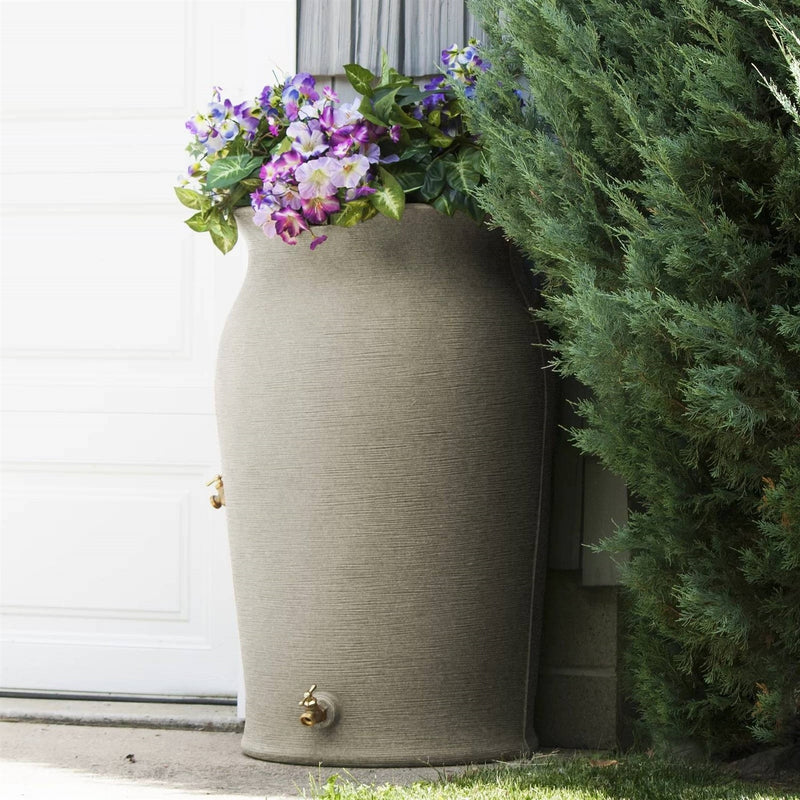 Grey SandStone 50-Gallon Plastic Urn Rain Barrel with Planter Top, photo 4 of 5