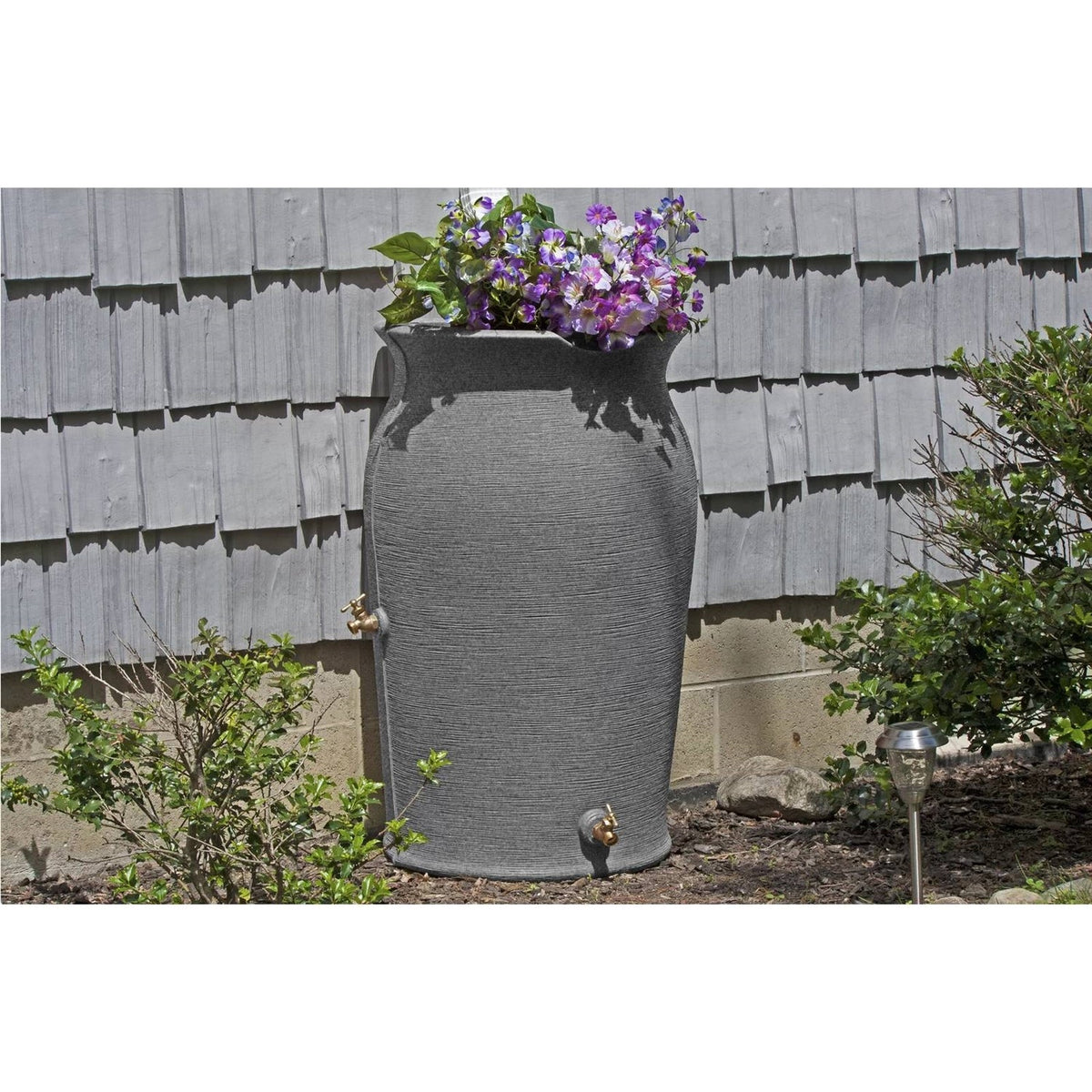 Dark Grey Granite 50-Gallon Plastic Urn Rain Barrel with Planter Top, photo 2 of 5