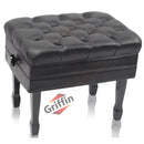 Genuine Leather Adjustable Piano Bench by GRIFFIN | Black Solid Wood Vintage Style & Heavy-Duty Ergonomic Keyboard Stool | Cushion Seat With Storage Space | Home Vanity Bench or Musicians Guitar Chair