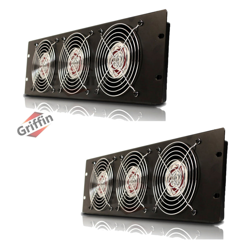 2 PACK - Rackmount Cooling Fan by Griffin | 3U Ultra-Quiet Triple Exhaust Fans, Keep Studio Audio Equipment Gear Cool | Rack Mount on Network IT System Server Rails | Temperature Control Panel Cabinet