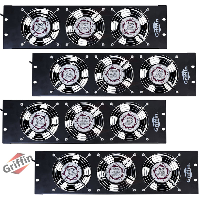 4 PACK - GRIFFIN Rackmount  Exhaust Fan | 3U Ultra-Quiet Triple Cooling Fans, Keep Studio Audio Equipment Gear Cool | Rack Mount on Network IT System Server Rails | Temperature Control Panel Cabinet