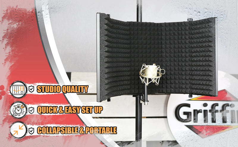 Studio Microphone Soundproofing Acoustic Foam Panel by GRIFFIN | Soundproof Filter | Sound Diffusion Mic Booth Shield | Isolation Diffuser | Noise Absorbing/Barrier for DJ Vocal Audio Music Recording