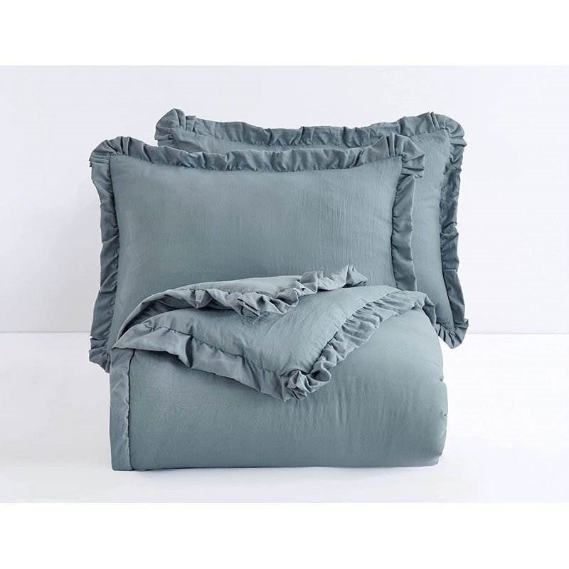 Full Size Blue Stone Washed Ruffled Edge Microfiber 3-Piece Comforter Set, photo 3 of 5