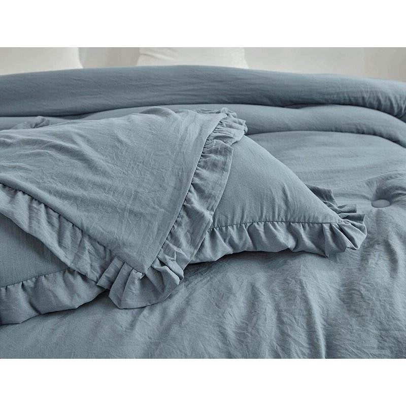 Full Size Blue Stone Washed Ruffled Edge Microfiber 3-Piece Comforter Set, photo 5 of 5