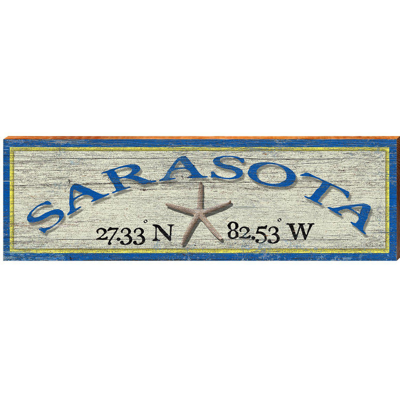 Sarasota Starfish Blue/Yellow Latitude Longitude | Wall Art Print on Real Wood