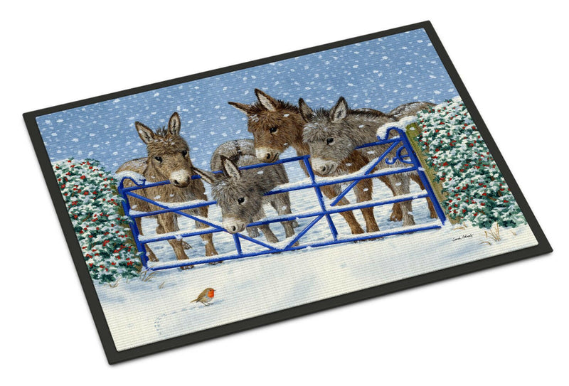 Donkeys and Robin at the Fence Indoor or Outdoor Mat 24x36 ASA2210JMAT