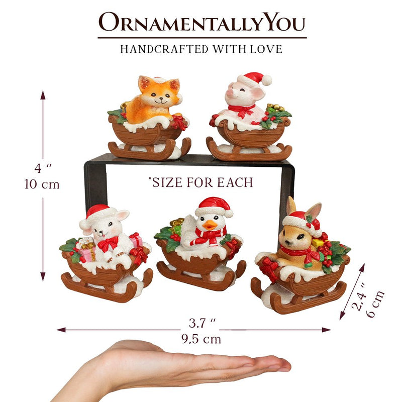 Christmas Critters Animals on Sleighs Set of Five Figurines, 5" Tabletop Holiday Animal Decor with Bunny, Piglet, Duckling, Lamb, and Fox