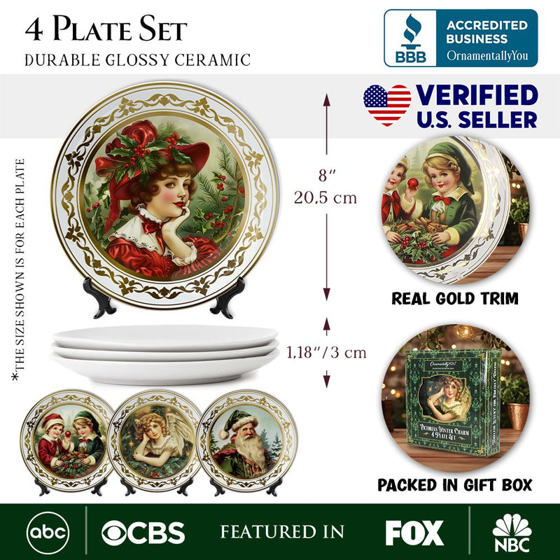 Victorian Elegance Set of 4 Plates with Real Gold Trim, Holiday Christmas Red and Green Tableware Collection for Salad, Dessert, Appetizer, and Side Plates