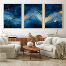 Abstract Blue Gold Wall Art Canvas Print – Modern Fluid