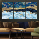 Abstract Blue and Gold Marble Canvas Print | 3-Panel Art for