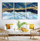 Abstract Blue and Gold Marble Canvas Print | 3-Panel Art for