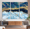 Abstract Blue and Gold Marble Canvas Print | 3-Panel Art for
