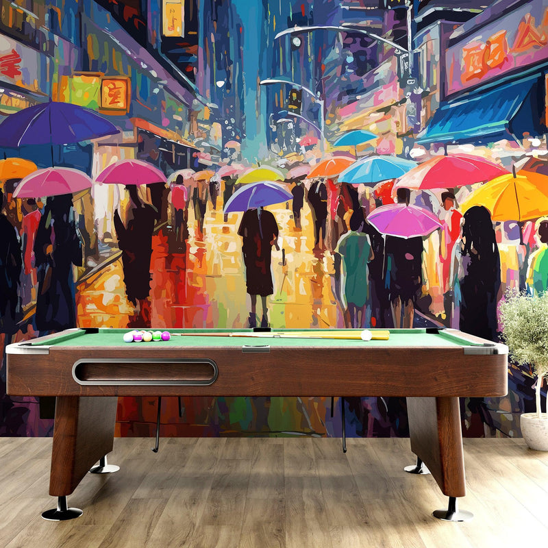 Raining Cityscape Wallpaper Mural - Abstract Color Mural.