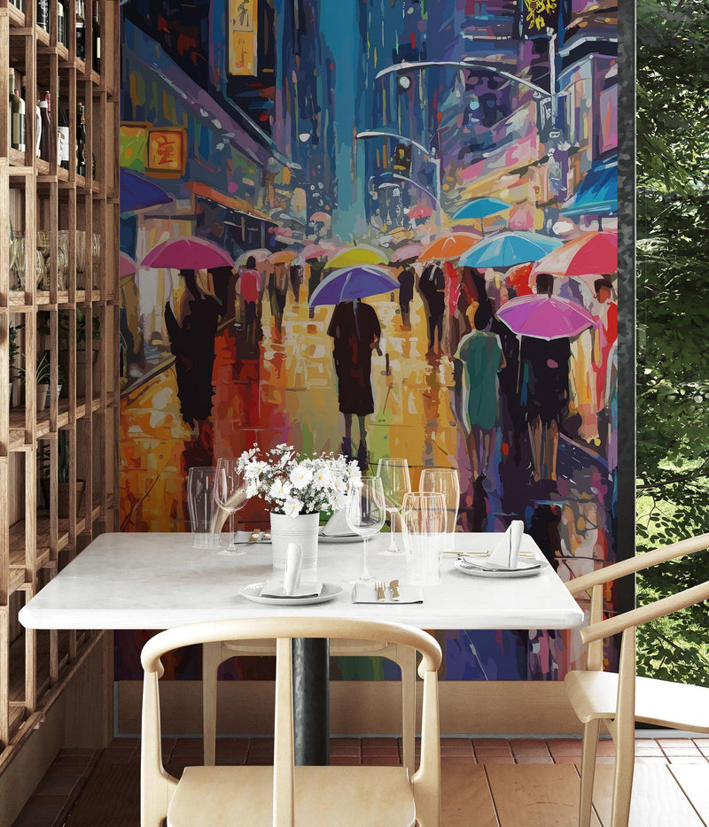 Raining Cityscape Wallpaper Mural - Abstract Color Mural.