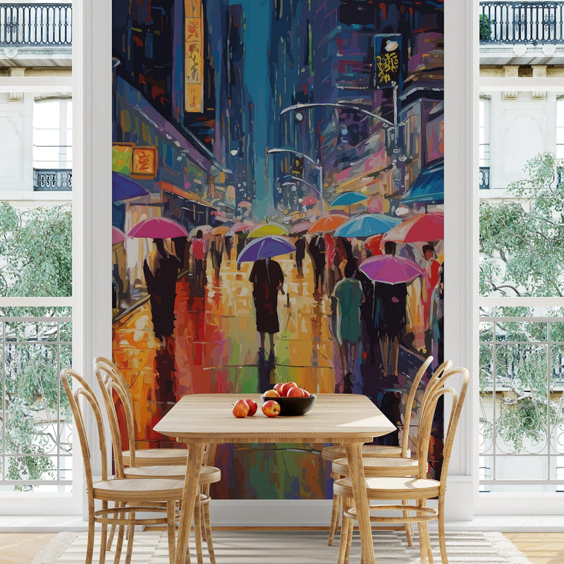 Raining Cityscape Wallpaper Mural - Abstract Color Mural.