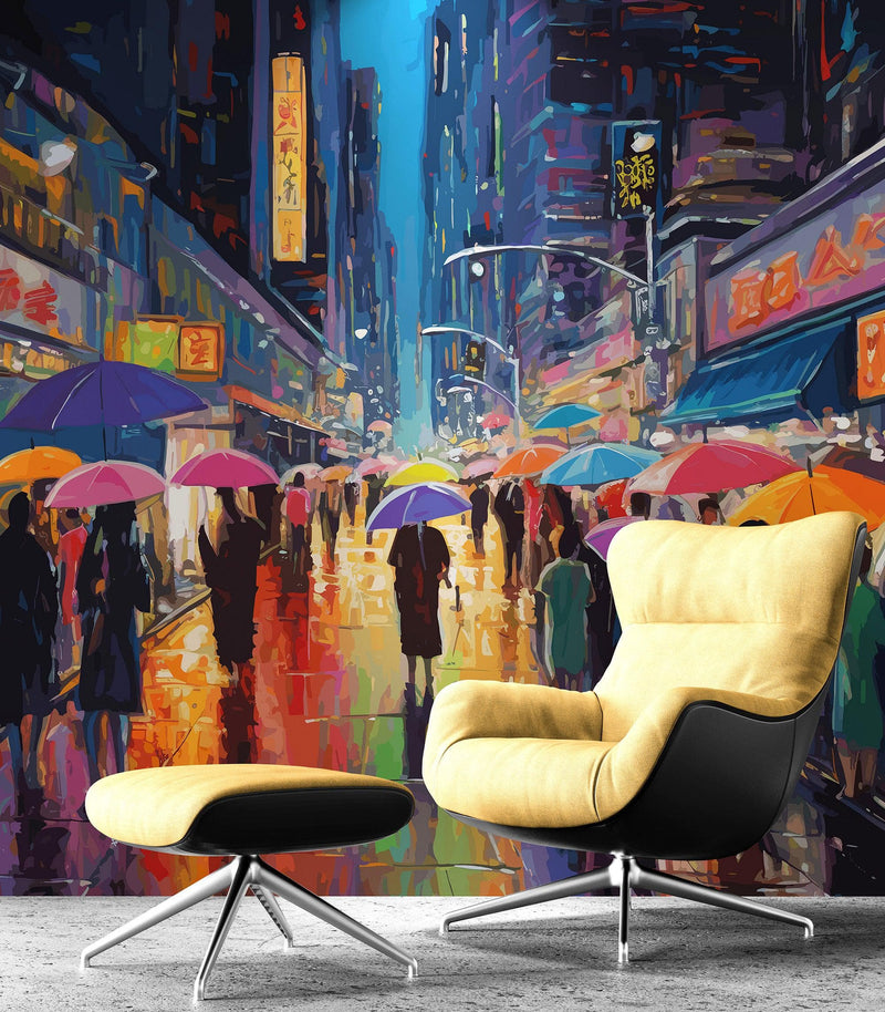 Raining Cityscape Wallpaper Mural - Abstract Color Mural.