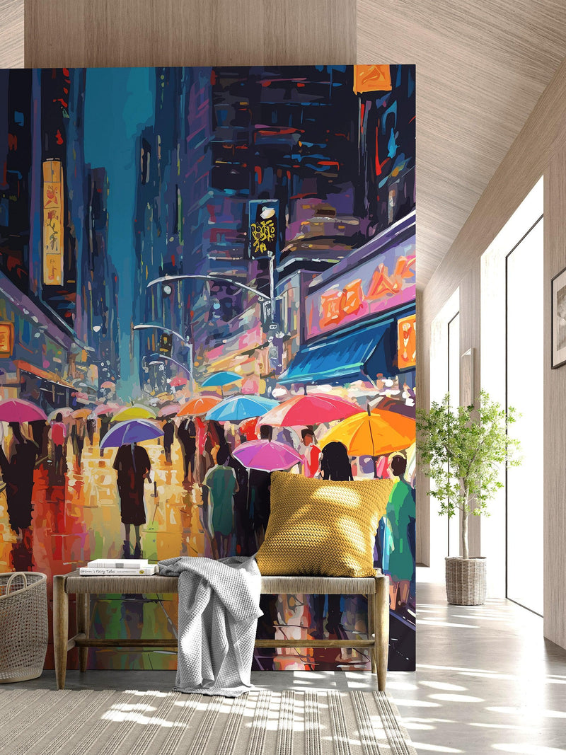 Raining Cityscape Wallpaper Mural - Abstract Color Mural.