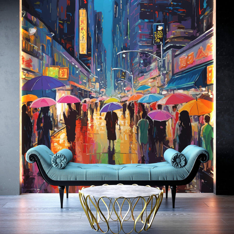 Raining Cityscape Wallpaper Mural - Abstract Color Mural.