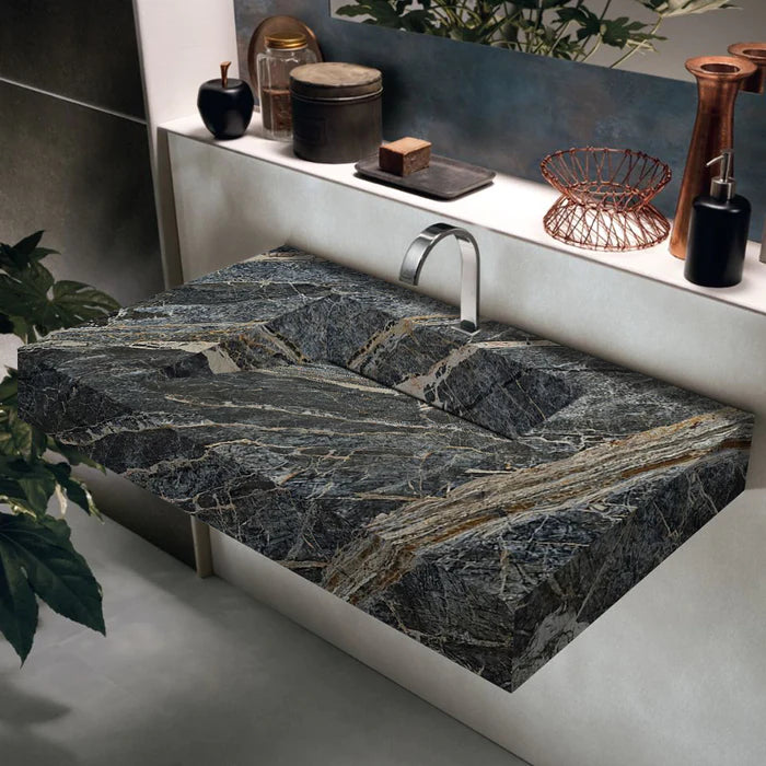 Adriatic Black Marble Modern Rectangular Sink Wall-mount Bathroom Sink (W)16" (L)30" (H)6"