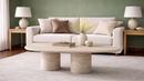 Egeria Teardrop Travertine Coffee Table with Two Cylinder Base Legs