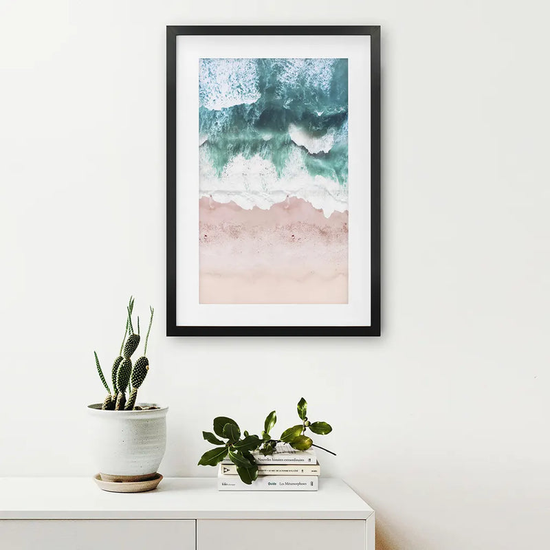 Aerial Coastal Ocean Wall Decor. Pink Beach, Blue Waves