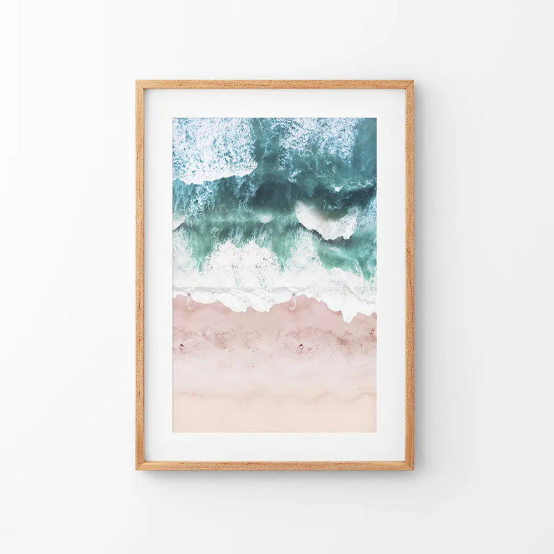 Aerial Coastal Ocean Wall Decor. Pink Beach, Blue Waves